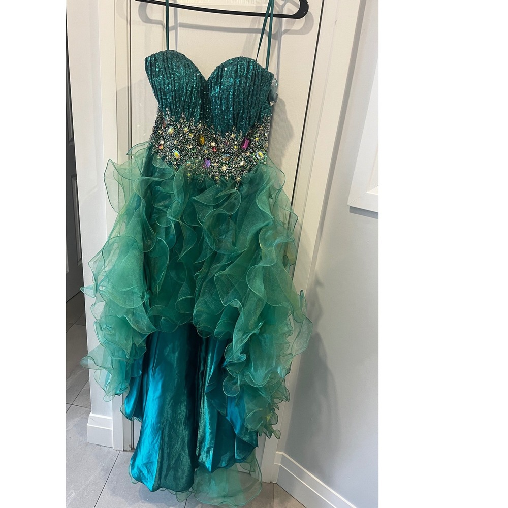 Emerald Green High Low Dress Sequin Crystal Embellished Ruffle Gown Strapless SM - Picture 5 of 17